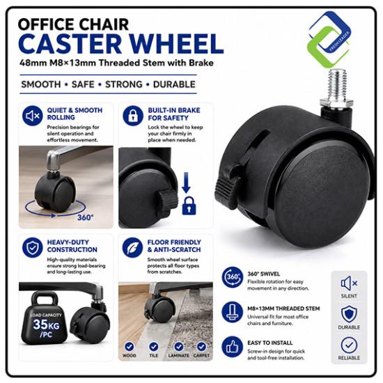 Office Chair Caster Wheel 48mm M8×13mm Threaded Stem with Brake