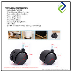 4 Units 1.5 Inch Caster Wheels with M8 Threaded Stem – 2 Locking & 2 Non-Locking Replacement Wheels for Furniture, Cart, or Workbench