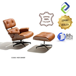 Sophisticated Relaxation: Genuine Brown Leather Lounge Chair and Ottoman