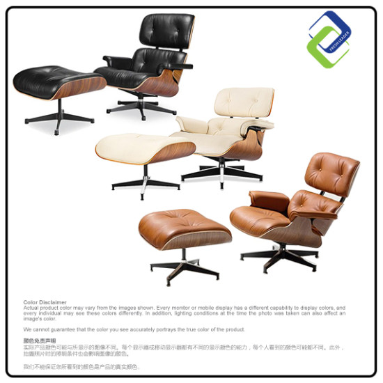 Sophisticated Relaxation: Genuine Brown Leather Lounge Chair and Ottoman