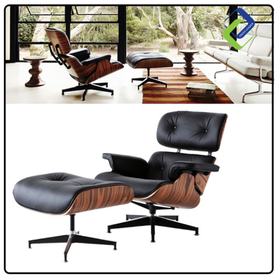 Sophisticated Relaxation: Genuine Brown Leather Lounge Chair and Ottoman