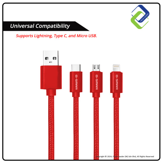 Convenient Multi USB Charger: G-SMAR 3-in-1 Cable - Lightning, Type C, Micro USB