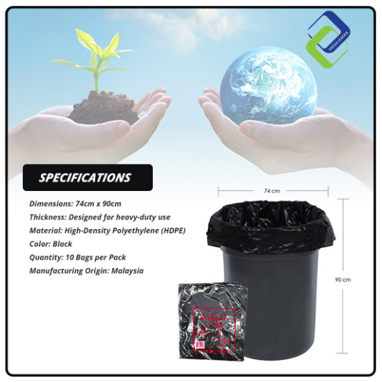 HDPE Garbage Bags 74cm x 90cm - Heavy Duty Black Rubbish Bags, 10 Pack, Made in Malaysia HDPE Garbage Bags 74cm x 90cm - Heavy Duty Black Rubbish Bags, 10 Pack, Made in Malaysia