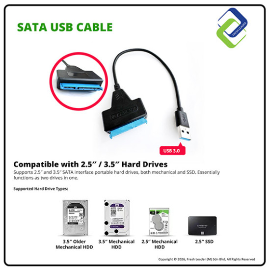 USB 3.0 to SATA Adapter Cable with Power – 2.5/3.5 HDD & SSD, 260MB/s, Driver-Free