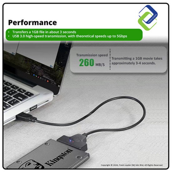 USB 3.0 to SATA Adapter Cable with Power – 2.5/3.5 HDD & SSD, 260MB/s, Driver-Free