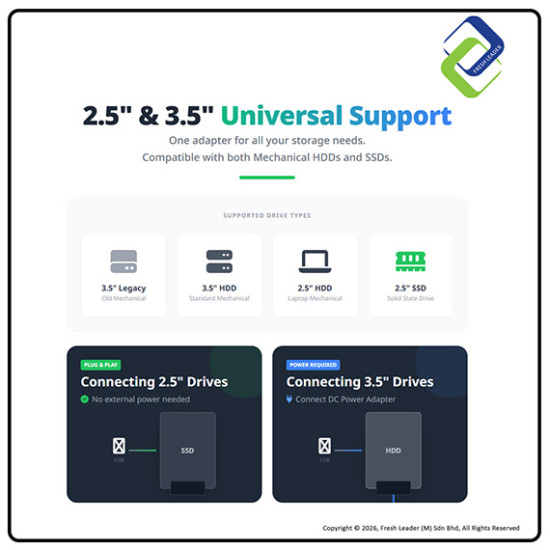 USB 3.0 to SATA Adapter Cable with Power – 2.5/3.5 HDD & SSD, 260MB/s, Driver-Free
