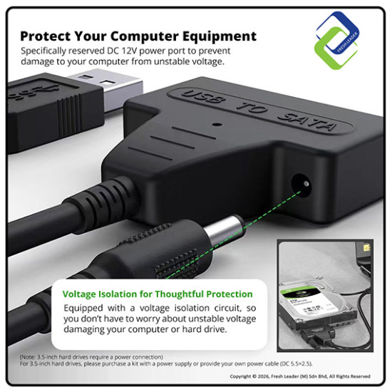 USB 3.0 to SATA Adapter Cable with Power – 2.5/3.5 HDD & SSD, 260MB/s, Driver-Free