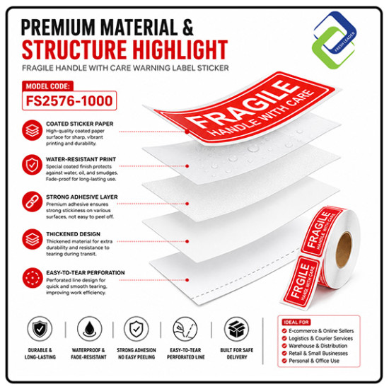 1" x 3" Fragile Warning Label Stickers (1000pcs) - High Quality & Durable