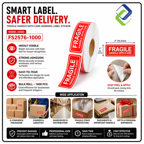 1" x 3" Fragile Warning Label Stickers (1000pcs) - High Quality & Durable