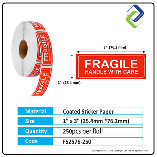 Fragile Sticker Warning Label Handle With Care Sicker 1" x 3" (250pcs)