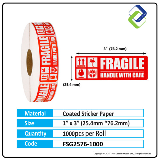 Fragile Handle With Care Sticker 1" x 3" (1000pcs) Fragile Handle With Care Sticker 1" x 3" (1000pcs)