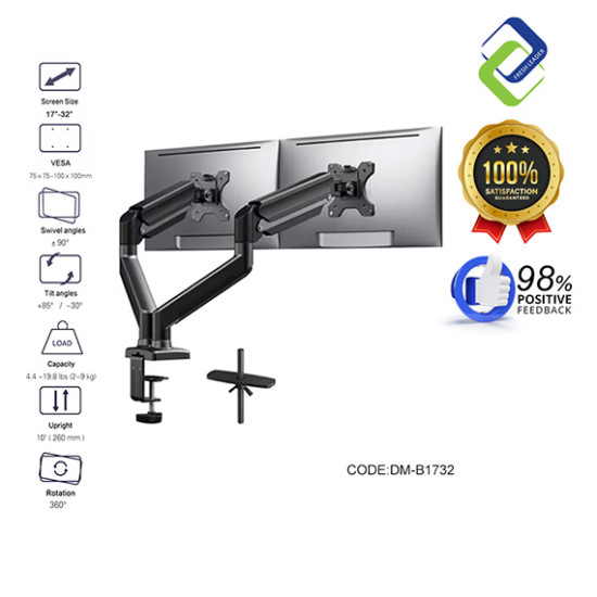 Dual Monitor Gas Spring Arm Mount 17–32 Inch | Heavy Duty Adjustable Desk Monitor Stand (2–10kg)