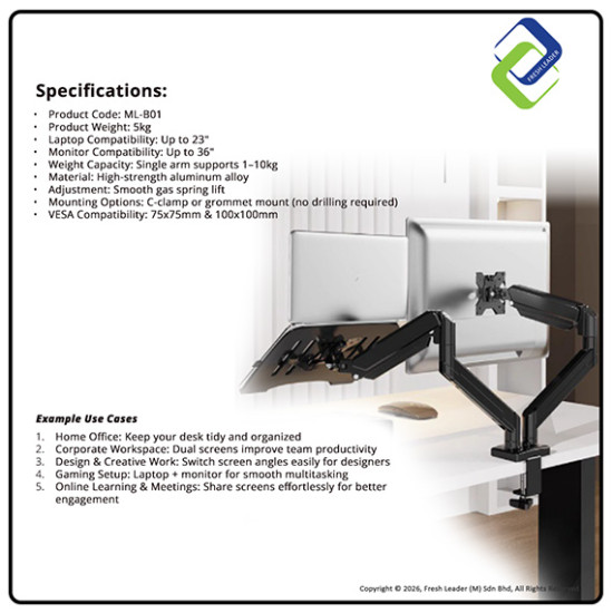 Professional 2-in-1 Laptop + Monitor Arm Stand | Gas Spring Adjustable Desk Mount for 36” Monitor & 23” Laptop