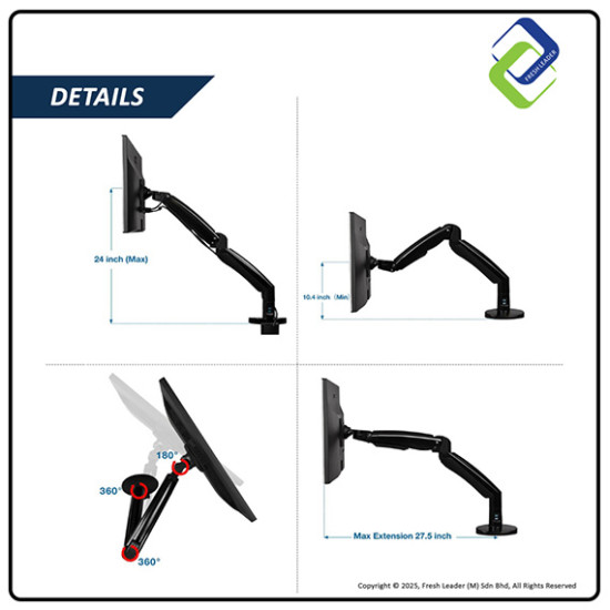 Single Monitor Mount with Gas Spring – Fully Adjustable Desk Arm for 17–30" Screens