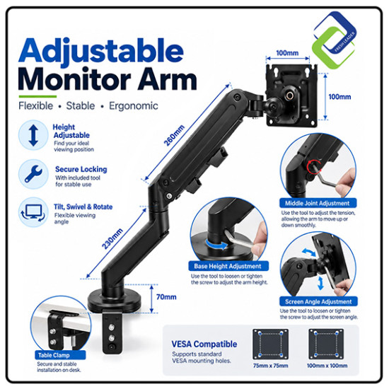 Single Monitor Mount with Gas Spring – Fully Adjustable Desk Arm for 17–30" Screens