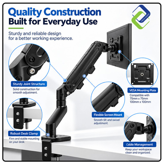 Single Monitor Mount with Gas Spring – Fully Adjustable Desk Arm for 17–30" Screens