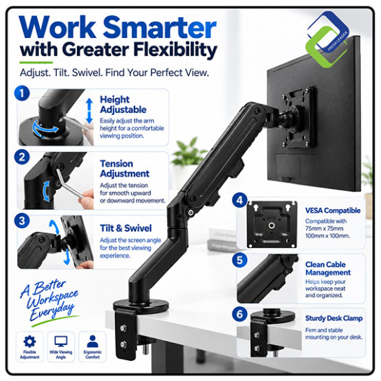 Single Monitor Mount with Gas Spring – Fully Adjustable Desk Arm for 17–30" Screens