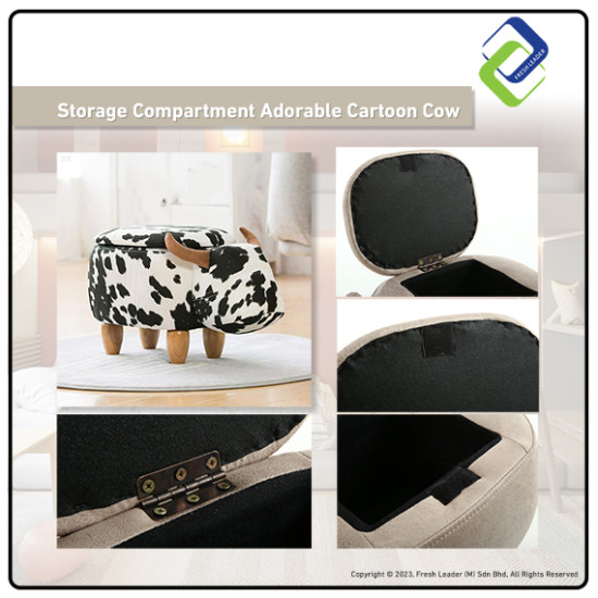 Kids' Cartoon Cow Footrest Stool with Storage - Solid Wood Design