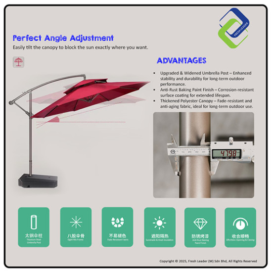 Large 2.7m Outdoor Patio Umbrella with Heavy 65kg Base – Durable Steel Frame for Garden, Balcony & Café Shade