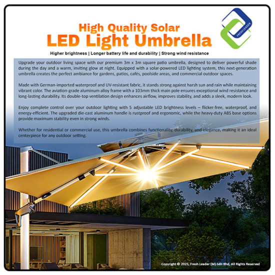 Romantic Solar LED Patio Umbrella 3m – Premium Outdoor Garden Shade for Balcony, Café, or Backyard