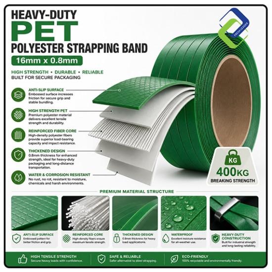 Heavy-Duty PET Polyester Strapping Band 16mm x 0.8mm | 400kg Strength