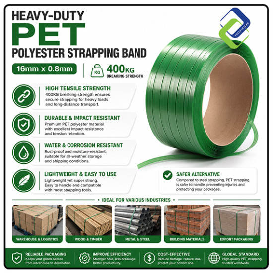 Heavy-Duty PET Polyester Strapping Band 16mm x 0.8mm | 400kg Strength