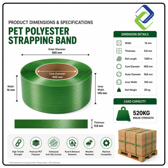 Premium PET Polyester Strapping Band 16mm x 0.8mm 520KG