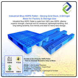 Industrial Blue HDPE Pallet – Strong Grid Deck, 3-Stringer Base for Factory & Storage Use