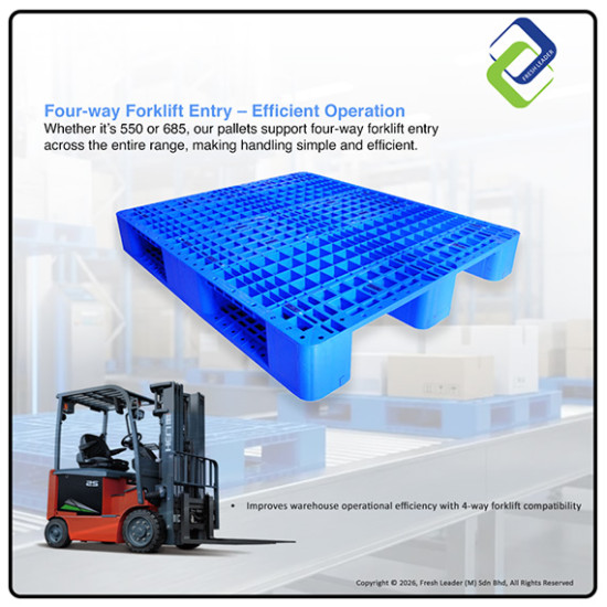 Industrial Blue HDPE Pallet – Strong Grid Deck, 3-Stringer Base for Factory & Storage Use
