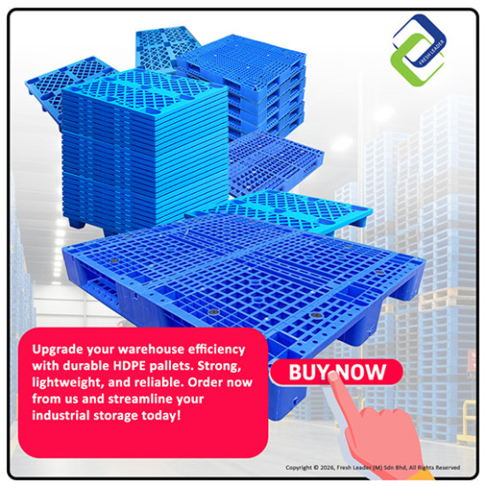 Industrial Blue HDPE Pallet – Strong Grid Deck, 3-Stringer Base for Factory & Storage Use