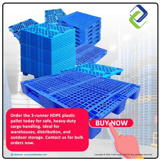 Upgraded 3-Runner HDPE Plastic Pallet – 8 Steel Pipes Reinforced, Heavy-Duty & 4-Way Forklift Access