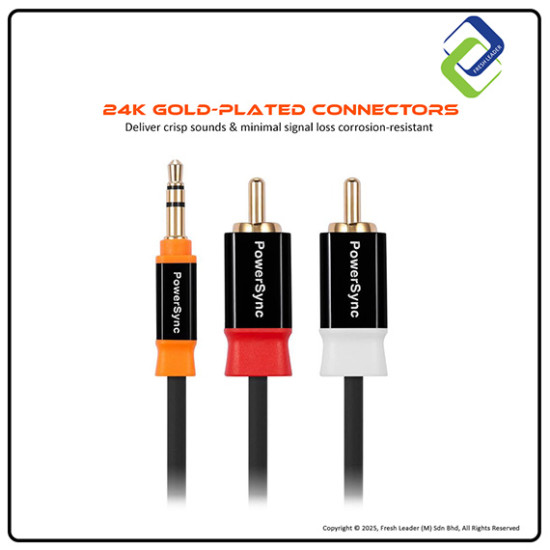 Powersync 3.5mm Stereo to 2RCA Audio Cable – Premium Sound Quality for Home and Car Audio Systems Powersync 3.5mm Stereo to 2RCA Audio Cable – Premium Sound Quality for Home and Car Audio Systems