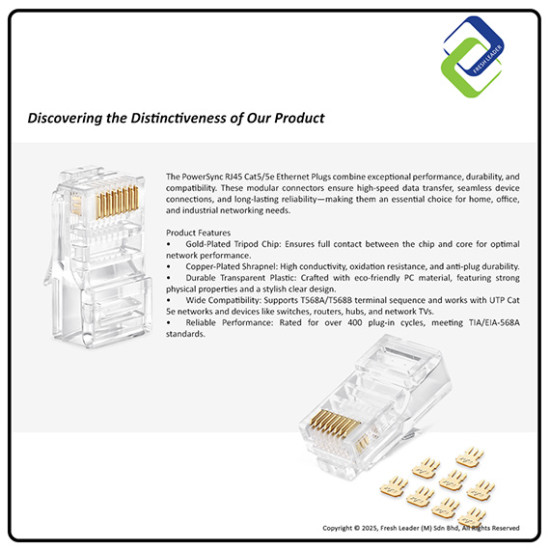 PowerSync RJ45 Cat5/5e Ethernet Plugs – Durable Modular Network Connectors, 50-Pack