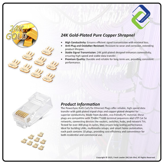 PowerSync RJ45 Cat5/5e Ethernet Plugs – Durable Modular Network Connectors, 50-Pack