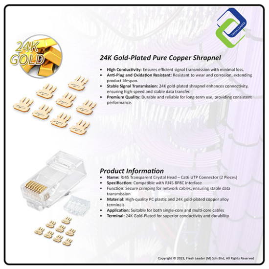 PowerSync RJ45 Transparent Crystal Head 50PCS/Pack – 24K Gold-Plated Connectors for Stable Network Transmission PowerSync RJ45 Transparent Crystal Head 50PCS/Pack – 24K Gold-Plated Connectors for Stable Network Transmission