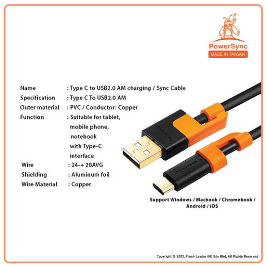 USB 2.0 Type C Charging & Sync Cable 1 Meter