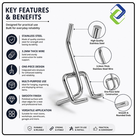 Pegboard Hooks for Tool Storage and Display, 50mm (2 Inches), 10 Pcs/Pack