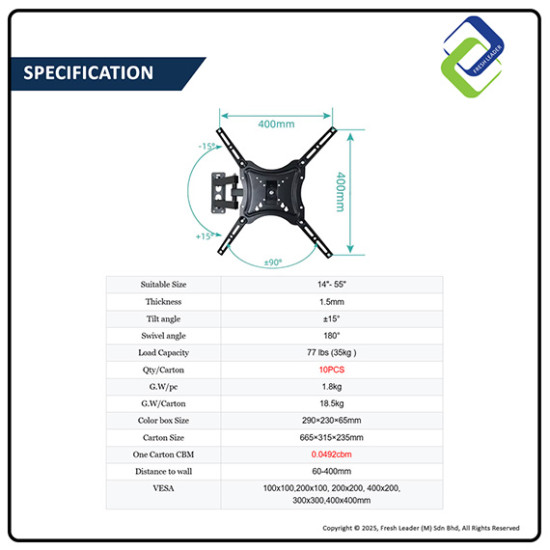 Adjustable 14–55 Inch Swivel TV Wall Mount – Full Motion Bracket for LCD LED Screens