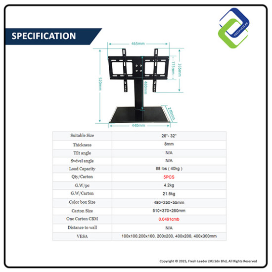 Universal TV Table Mount Stand for 26–32 Inch LED/LCD TVs – Stable Base for Flat Screen Display