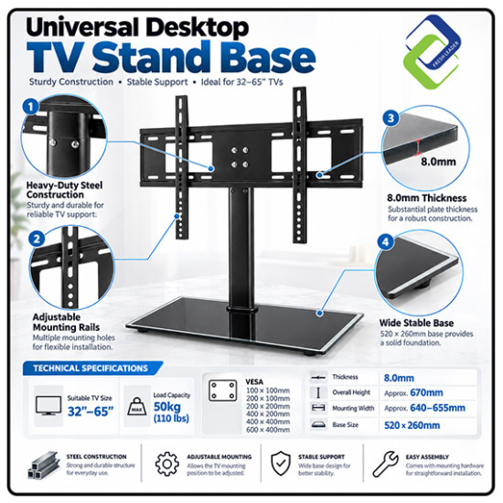 Universal TV Table Stand Base for 32–65 Inch LCD LED Flat Screen – Sturdy & Adjustable Bracket