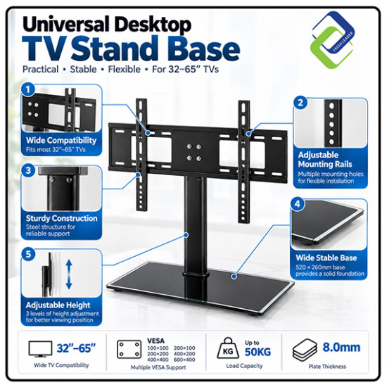Universal TV Table Stand Base for 32–65 Inch LCD LED Flat Screen – Sturdy & Adjustable Bracket