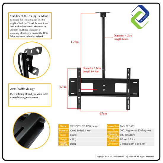 Premium Adjustable TV Mount Bracket | LCD LED Tilt Ceiling Wall | 32"-72"