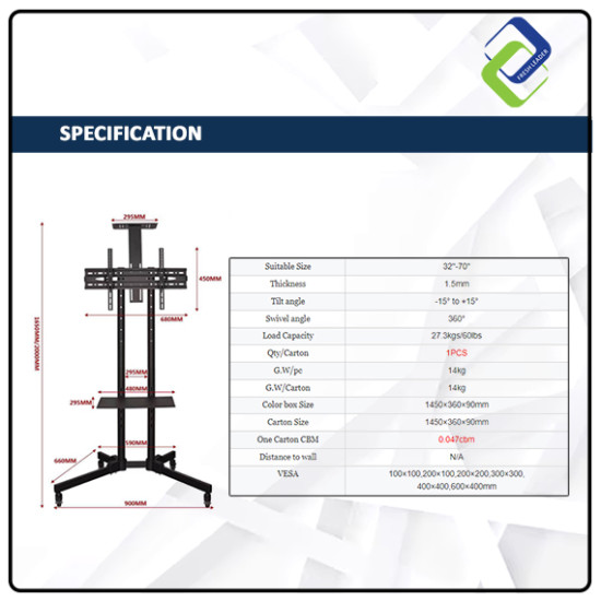 Mobile TV Stand with Locking Wheels – Compatible with 32"-65" LED/LCD TVs for Easy Mobility