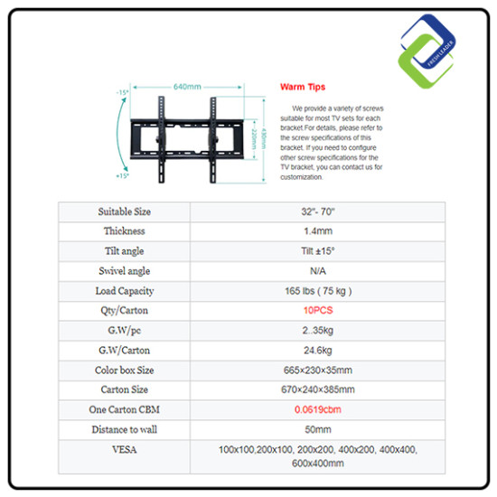 Universal 32-75 Inch TV Wall Mount Bracket | Adjustable 15 Degree Tilt