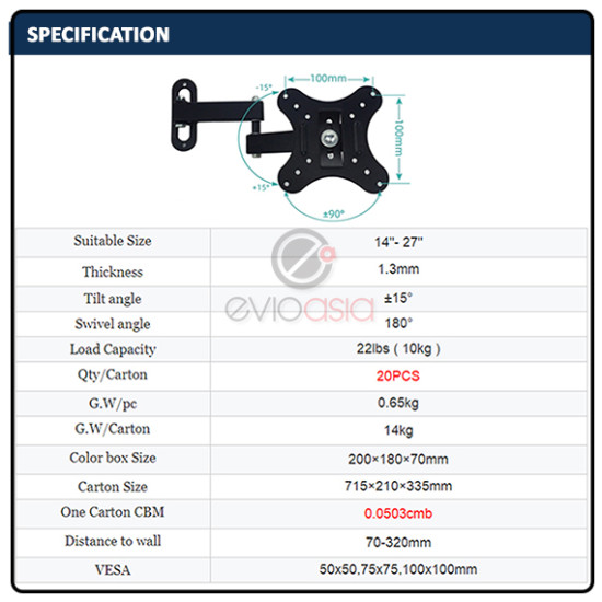 14-27 Plasma Tilt Swivel TV Wall Mount Bracket Black 14-27 Plasma Tilt Swivel TV Wall Mount Bracket Black