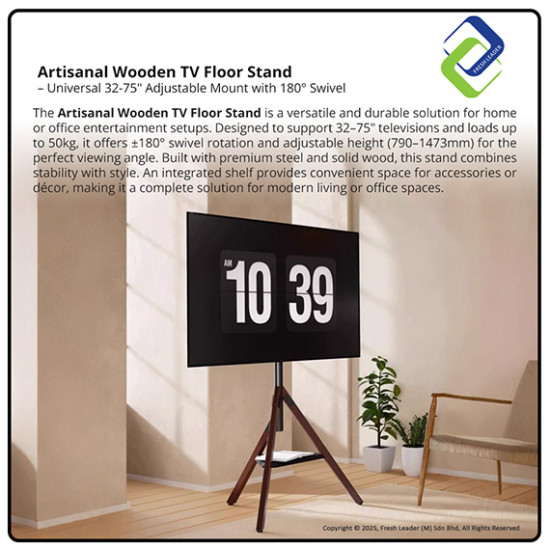 Artisanal Wooden TV Floor Stand – Universal 32-75" Adjustable Mount with 180° Swivel