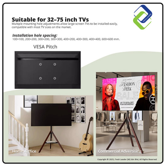 Artisanal Wooden TV Floor Stand – Universal 32-75" Adjustable Mount with 180° Swivel