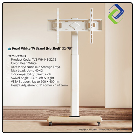 Stylish Pearl White Rolling TV Stand – Universal 32–75 Inch Mobile Floor Trolley, Elegant No Shelf Look