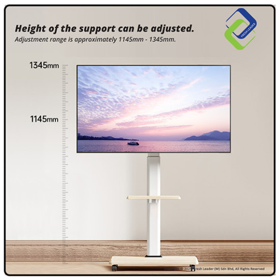 Sleek Pearl White Adjustable TV Floor Stand with Shelf, Refined Mobile Trolley on Wheels, Fits 32–75 Inch Flat & Curved Screens