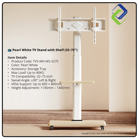 Sleek Pearl White Adjustable TV Floor Stand with Shelf, Refined Mobile Trolley on Wheels, Fits 32–75 Inch Flat & Curved Screens